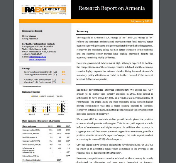 RAEX-Europe-ը բարձրացրել է Հայաստանի սուվերեն վարկանիշը
