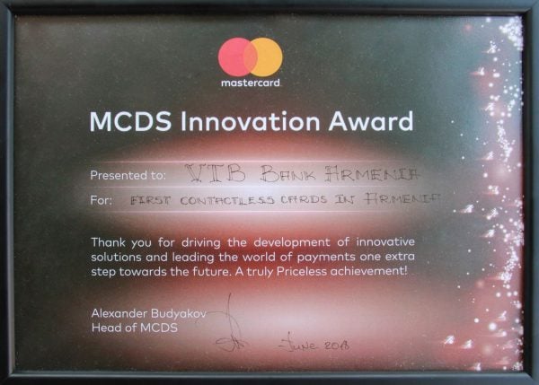 Mastercard-ի կողմից կազմակերպված «Innovation award» ֆորումում  ՎՏԲ-Հայաստան Բանկը հաղթել է «Առաջին անhպում քարտերը Հայաստանում»  անվանակարգում