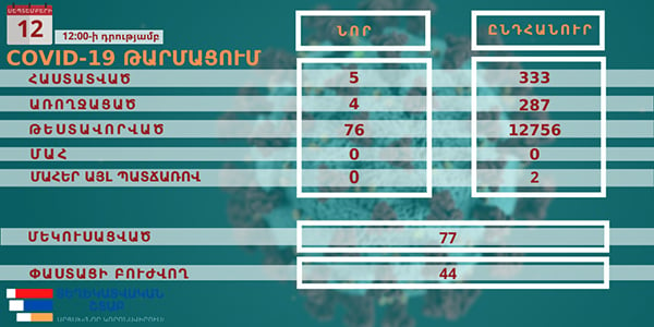 Արցախում հաստատվել է կորոնավիրուսի 5 նոր դեպք